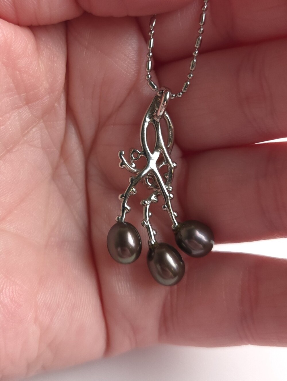 18K White Gold Plated Genuine Brown Pearl & Crystal Pendant Necklace Marked 750 - Picture 6 of 12